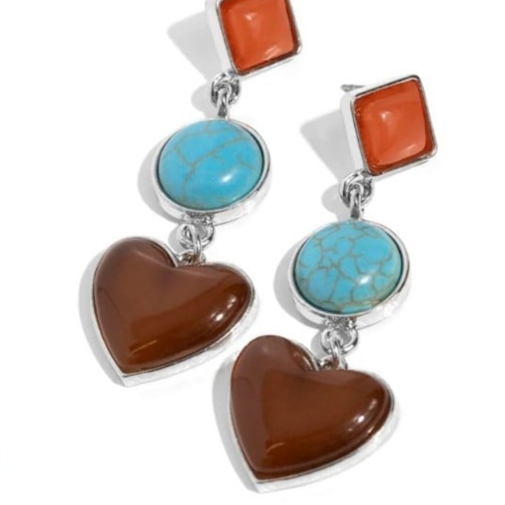 Silver and Brown Earrings Desertscape Debut Brown Cat's Eye Heart Turquoise